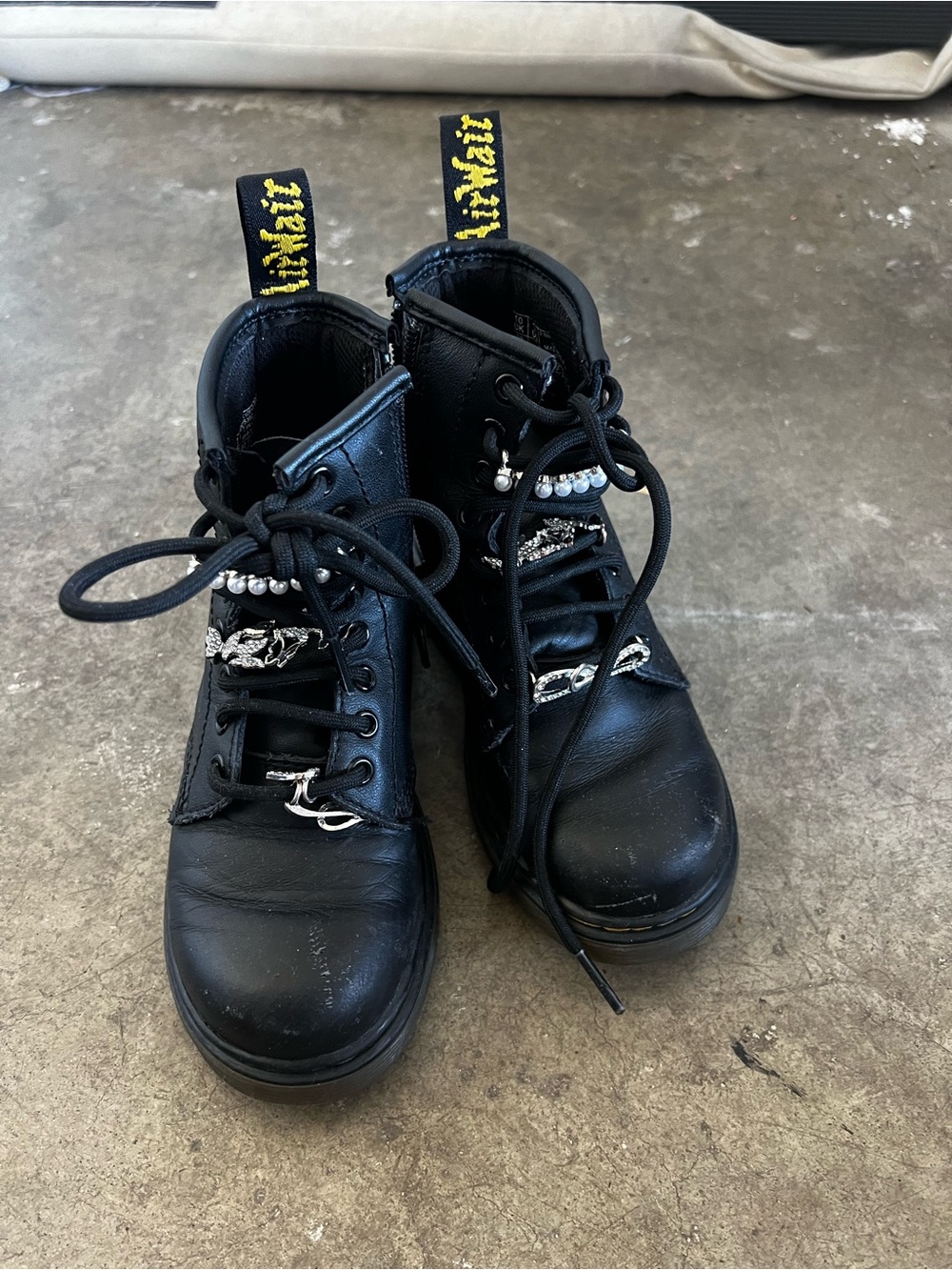 Dr. Martens Black Kids Lace-Up Boots with Silver Chain & Pearl Charms